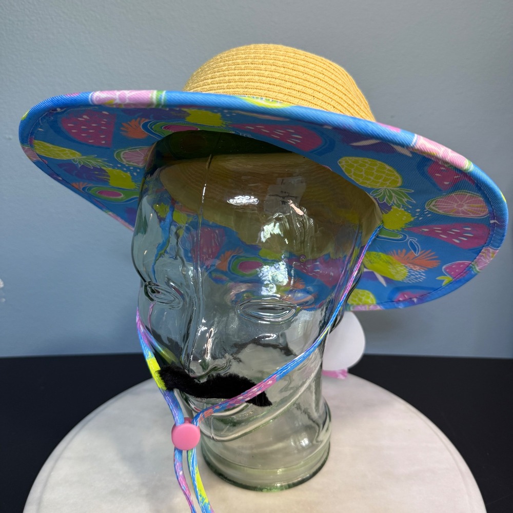 Tommy Bahama Kids Straw Sun Hat Tropical Fruit Print Wide Brim Adjustable Strap